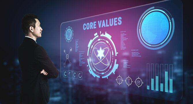 A concept of corporate core values and business ethics. These principles guide the company culture, mission, and vision for long term success. Motif - Powered by Adobe