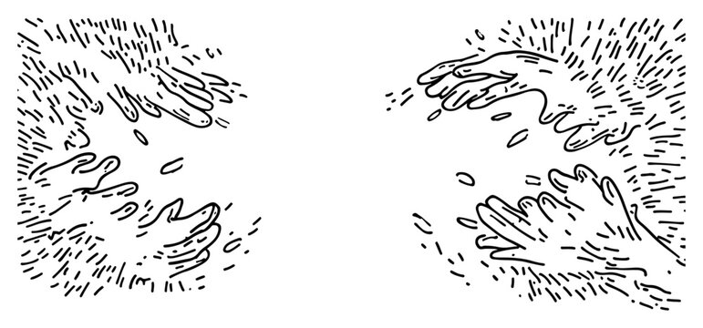 Hand drawn sketch of clapping hands or reaching hands with dynamic motion particles