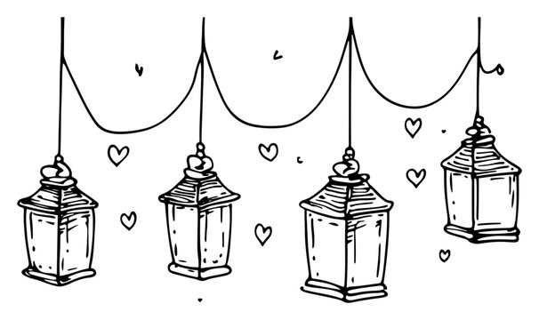 Vintage hand drawn hanging lanterns with heart symbols in engraving style