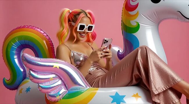 Woman with colorful hair using smartphone while sitting on giant inflatable rainbow unicorn