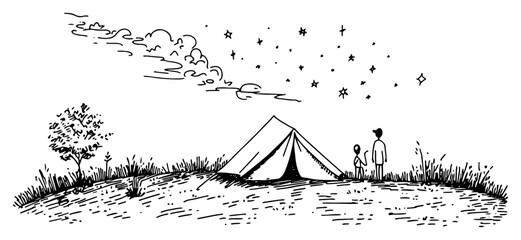 Hand drawn landscape illustration of a camping tent under a starry night sky with people © Kaz