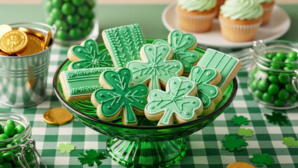 St patricks day celebration with green shamrock cookies cupcakes and gold coins on a green checkered tablecloth with green cookies and festive food