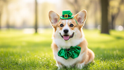 Corgi dog wearing green hat and bow tie sitting on grass outdoors with st patricks day and funny and cute and smiling and pet and animal and tongue out
