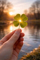 Hand holding a four leaf clover with sun shining through it near a serene lake at sunset with lucky and peaceful and calm and nature and green