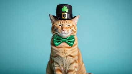 St patricks day orange tabby cat wearing green bow tie and black top hat with shamrock on blue background with funny and cute and playful and festive