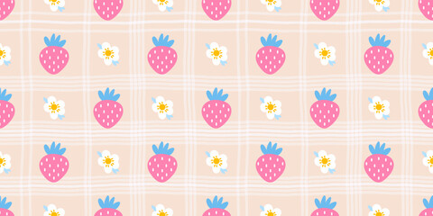 Seamless pattern featuring pink strawberries, flowers, and botanical details. Perfect for nursery decor, fabric prints, and girly designs. Sweet, minimal, and stylish