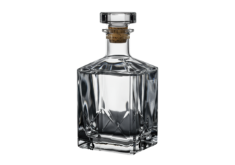 premium geometric glass decanter with precise facets and a dark wooden cork, containing a colorless luxury spirit on a reflective surface, emphasizing sharp caustic lighting effects. concept for