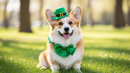 Corgi dog wearing green hat and bow tie sitting on grass in park on st patrick's day with st patricks day and cute and funny and adorable and pet