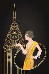 Art Deco vintage invitation template design with illustration of flapper girl over patterns and frames. Retro party background set in1920s style. Vector for glamour event, thematic wedding or jazz