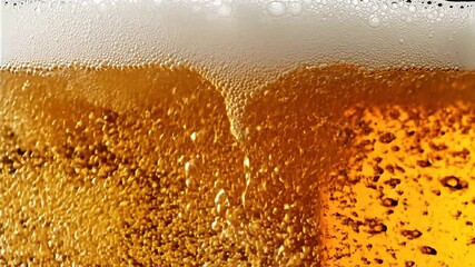 A captivating closeup shot of golden beer vigorously bubbling and forming a rich creamy foam head showcasing the refreshing carbonation and effervescence of a freshly poured cold beverage perfect for.