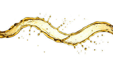 Hyper-realistic macro of a golden viscous liquid splash, frozen mid-air in a winding serpentine structure with fine micro-droplets, dramatically backlit on transparent concept for beverage advertising