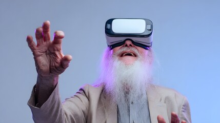 Elderly man in suit experiencing virtual reality with VR headset and raised hand