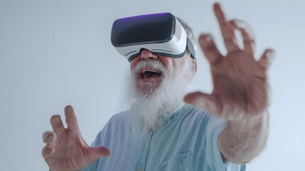 Elderly man experiencing virtual reality with VR headset and interactive gestures