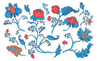 Floral vintage pattern elements set in Jacobean style isolated on white. Enchanted Vintage Flowers. Chintz inspired. Design for wrapping paper, wallpaper, fabrics and fashion clothes.