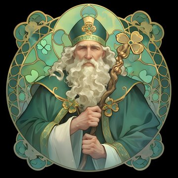 Stained glass of a man in green holding a staff with a shamrock. Saint Patrick Day religious art with historical figure.