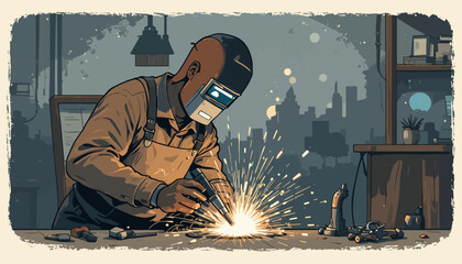 Vector of welder doing welding work