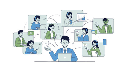 Man Communicating with Multiple People Remotely.