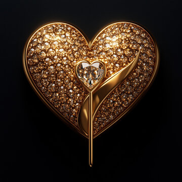 Coraz&oacute;n dorado con textura brillante y joya central sobre fondo oscuro. Imagen elegante para San Valent&iacute;n, regalos de amor, joyer&iacute;a femenina y celebraciones especiales. Simboliza afecto, lujo y dureza