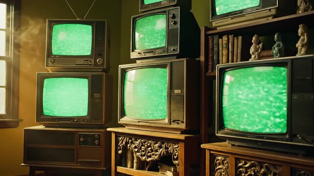 Vintage TV Setups with Green Screens in Dimly Lit Room
