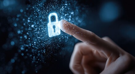 Glowing padlock accessed with fingertip on dark background