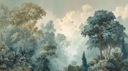 Wall painting with the image of trees and forest. Design for wallpaper, photo wallpaper, frescoes, wall painting and other works.