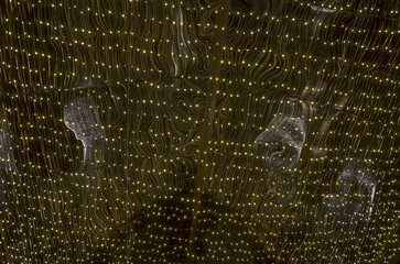 Dense, abstract pattern of thousands of tiny, warm-white LED lights is strung across a dark background, creating a shimmering, curtain like effect