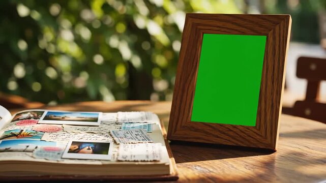 Open scrapbook with travel photos and memories on wooden table outdoors in natural sunlight