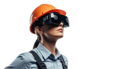 Construction worker with VR headset, isolated on transparent background