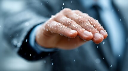 Fototapeta premium Outstretched hand in cold rain with snow on fingers in a business setting showing care and protection