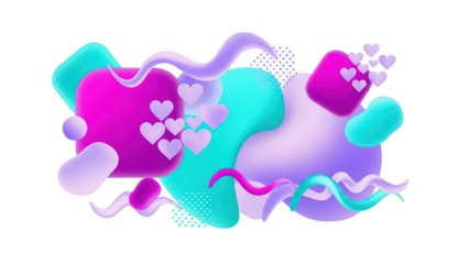 Abstract 3D Shapes with Hearts Isolated on Transparent Background
