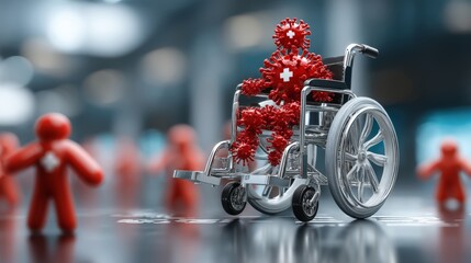Disability resilience and health care focus: wheelchair amid red virus figures symbolizing care and protection