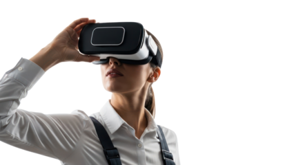 Woman wearing VR headset, isolated on transparent background