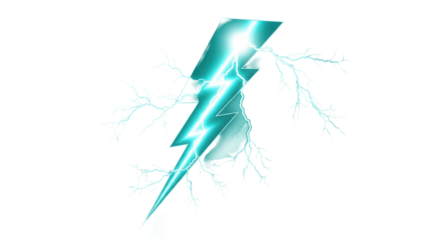 Turquoise Lightning Bolt with Electrical Sparks, Isolated on Transparent Background