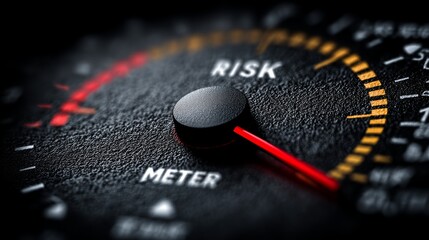 Closeup of a red needle on a risk meter gauge showing level and tension in a high fidelity shot