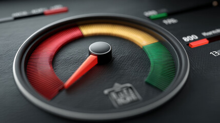 Close up risk meter gauge showing red to green indicator on a dashboard for risk assessment