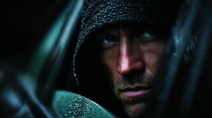 Intense close up of a hooded man in the rain peering through a car window