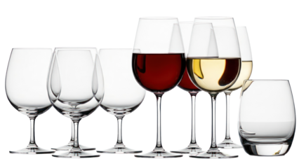 Assorted Wine Glasses with Red and White Wine, Isolated