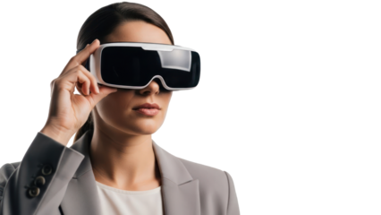 Woman wearing VR headset, isolated on transparent background