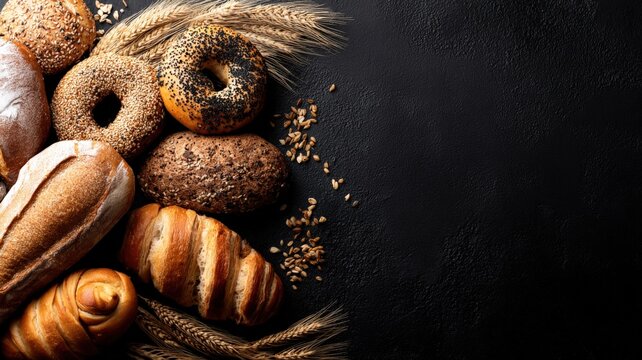 Assorted Baked Goods on Dark Background: Bread, Bagels, Wheat, and Grains for Culinary Concepts - Powered by Adobe