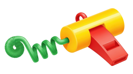 Party Whistle with Curly Green Streamer, Isolated on Transparent Background