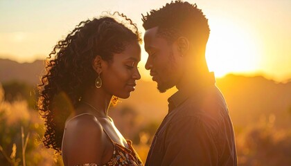 Romantic couple embracing during golden hour in a serene landscape