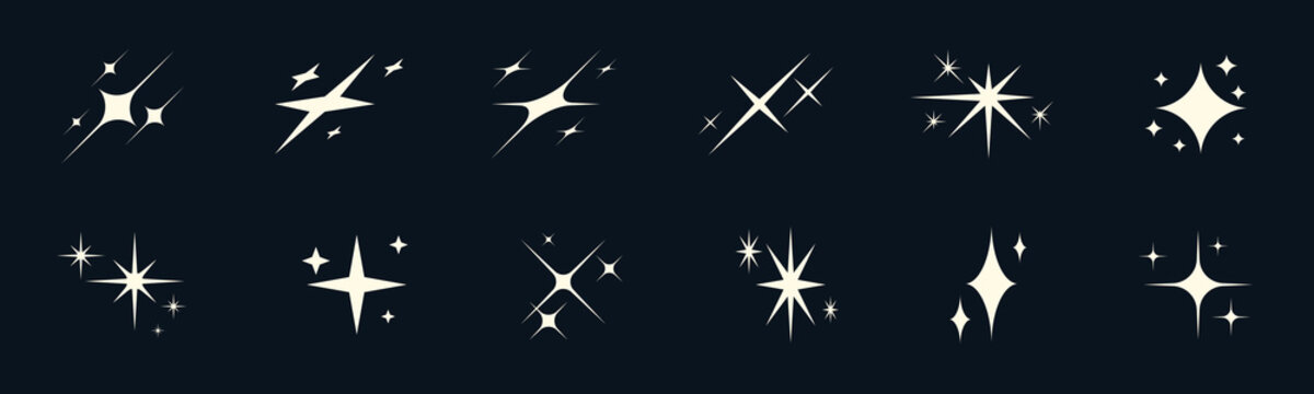 Minimalist star light pictograms with shine, flare and sparkle. Galaxy inspired silhouettes glow with clean geometry. Use in festive art, space visuals or abstract poster sets.
