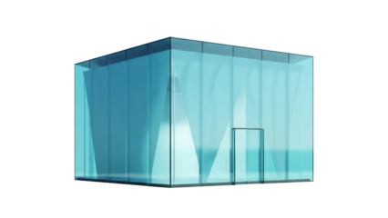 Modern glass cube building with door, isolated on transparent background