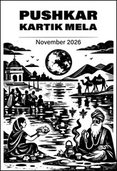 Vector black and white illustration of Pushkar Kartik Mela pilgrims bathing in the sacred Pushkar Lake under the full moon, with the Brahma Temple, desert camels, ritual lamps, and ascetic figures