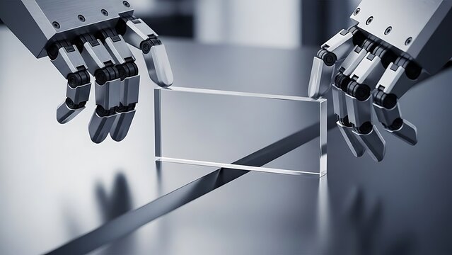 Precision handling robot manipulating reflective acrylic block, futuristic art