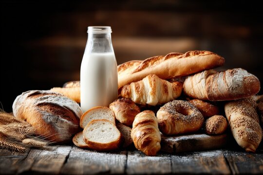 Artisan Bread Assortment with Fresh Milk on Rustic Wooden Table, Baked Goods Display - Powered by Adobe
