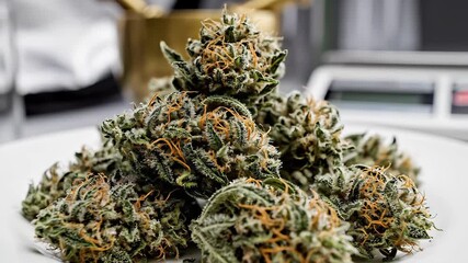 A vibrant closeup of a substantial pile of dried cannabis buds showcasing their rich green hues and intricate crystalline trichomes meticulously arranged on a pristine white plate with a traditional .