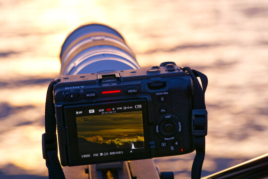 Sony FX3 Cinema Line Camera with Sony 100 - 400mm G Master Lens on Manfrotto Tripod Sunny Day Beach