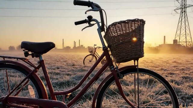 Vintage bicycle with wicker basket parked in a frosty field during a golden sunrise near industrial structure