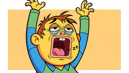 Tired cartoon character yawning with sleepy expression and raised arms.